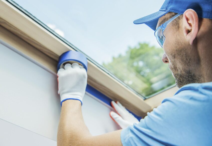 A painter applying XtraTape Masking Series blue tape around trim before an interior painting project